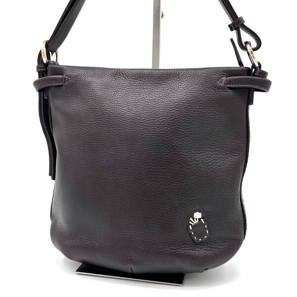 【良品】PELLE BORSA ペレボルサ ショルダーバッグ 2way ロゴ クラフトマンマーク本革 レザー 焦茶 ダークブラウン
