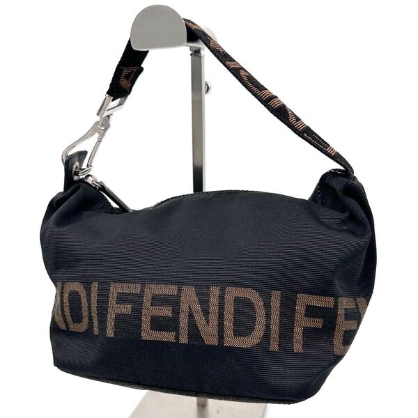 FENDI フェンディ ハンドバッグ アクセサリーポーチ ショルダー バニティ ロゴ ゴールド金具 ナイロン レザー ブラック 黒