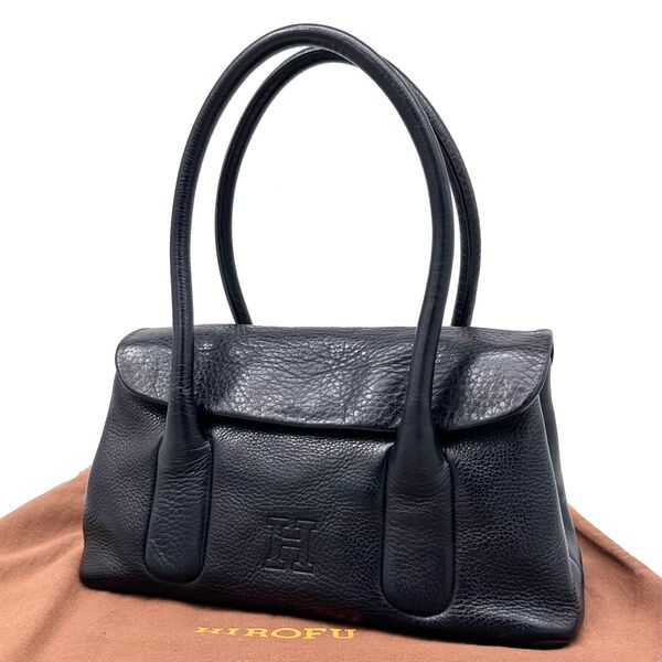 【美品】HIROFU ヒロフ ペルーシェ ハンドバッグ ショルダー Hロゴ 濃紺 シボ革 保存袋 肩掛け レザー ダークネイビー