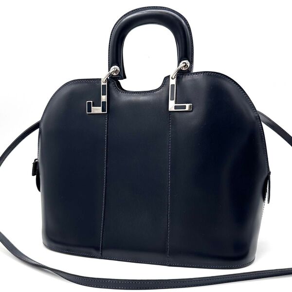 LANVIN ランバン ハンドバッグ ショルダーバッグ 2way 肩掛け 斜め掛け ロゴ 金具 本革 レザー 濃紺 ダークネイビー