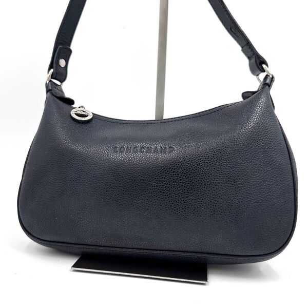 LONGCHAMP ロンシャン ショルダーバッグ 2way クロスボディ ロゴ金具 ロゴ型押し シボ革 レザー 濃紺 ネイビー
