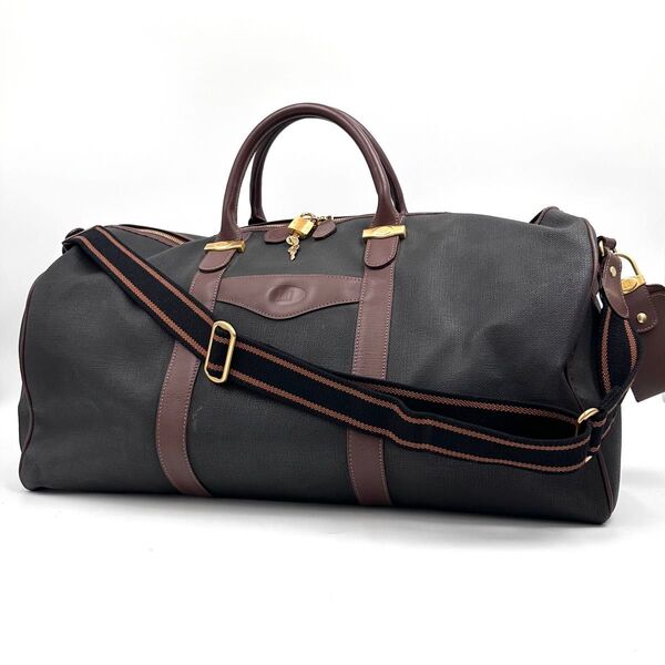 dunhill ダンヒル ボストンバッグ ショルダー 2way 大容量 内側チェック ロゴ金具 PVC 本革 レザー 茶 ブラウン