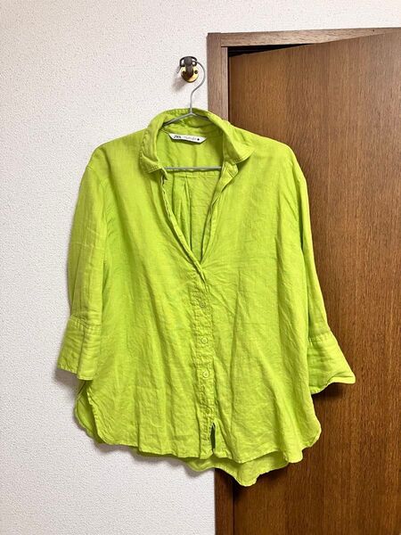 ZARA WOMAN 七分袖シャツ リネン ライムグリーン M