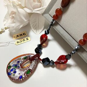 新品ベネチアンガラス1233レッド手作りロングネックレス