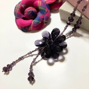 新品ビーズネックレス1226パープルカラーフラワー