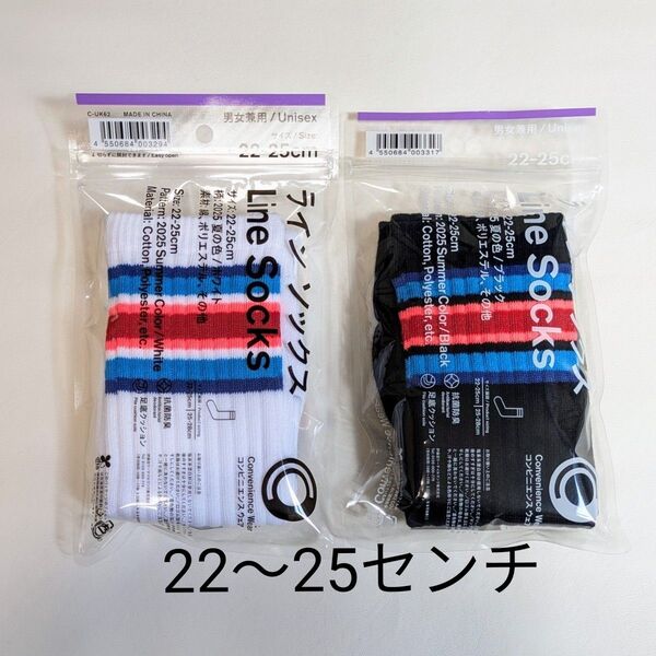 ファミマ ラインソックス 靴下 22~25センチ 2足 2025 夏の色 ブラック ホワイト