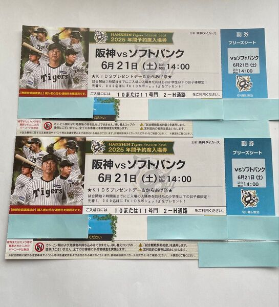 阪神タイガース ブリーズシート 通路側2席 6月21日 14:00 交流戦 ソフトバンク