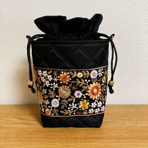 016 【価格・内容変更しました】インド刺繍リボンの巾着バッグS ハンドメイド ポシェット ショルダーバッグ スマホショルダー