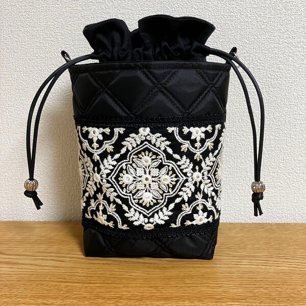 048 インド刺繍リボンの巾着ショルダーバッグSサイズ ハンドメイド ミニポシェット スマホポーチ