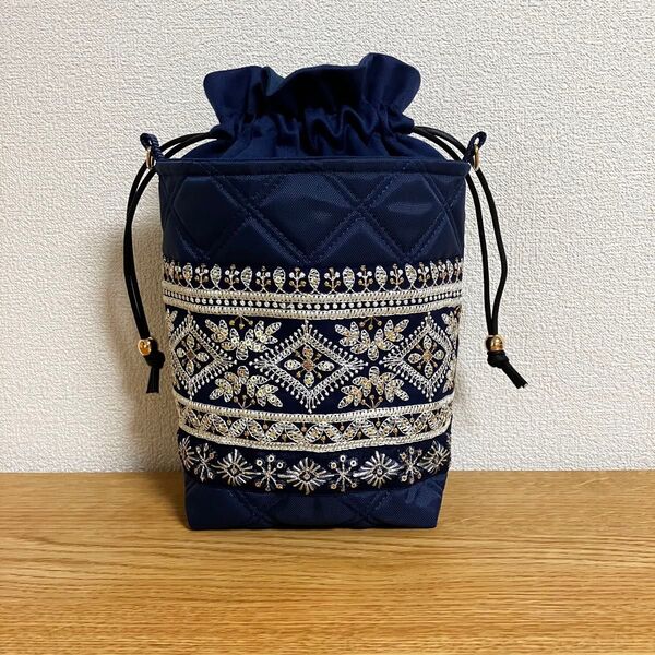 050 インド刺繍リボンの巾着ショルダーバッグSサイズ ハンドメイド ミニポシェット スマホポーチ