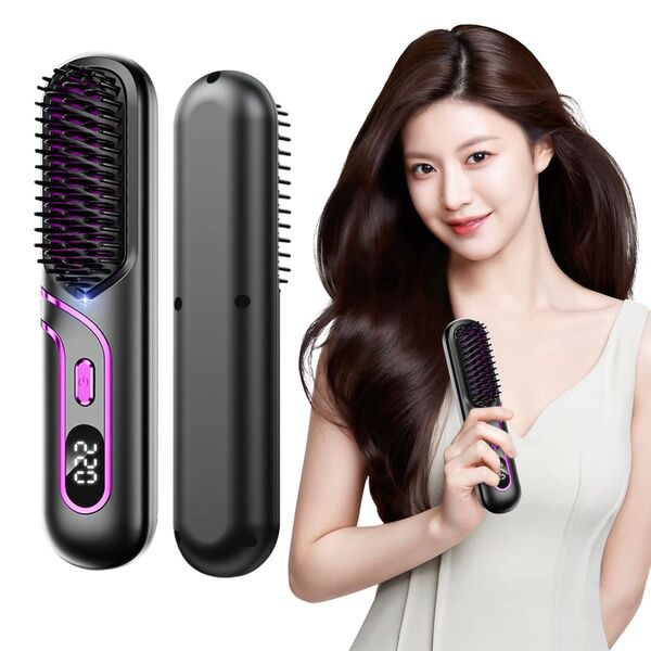2025新登場ブラシ型ヘアアイロン ストレートブラシ 電気ブラシ6000mAh 160~220℃ 4段階温度調整 液晶ディスプレイ