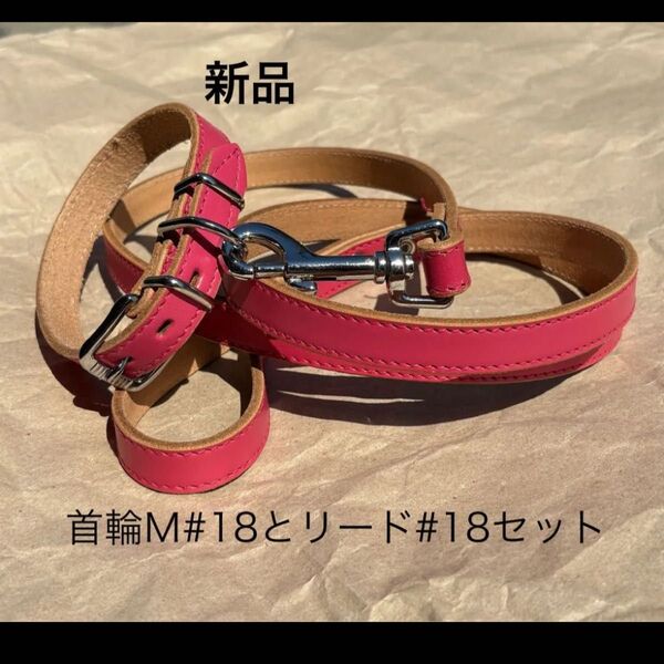 新品 レザー首輪M#18とリード#18セット ピンク