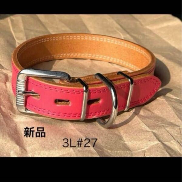 新品 レザー首輪#27 3L ピンク