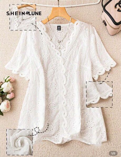 SHEIN ホワイト 刺繍シャツ レディース チュニック L 白 半袖 ブラウス
