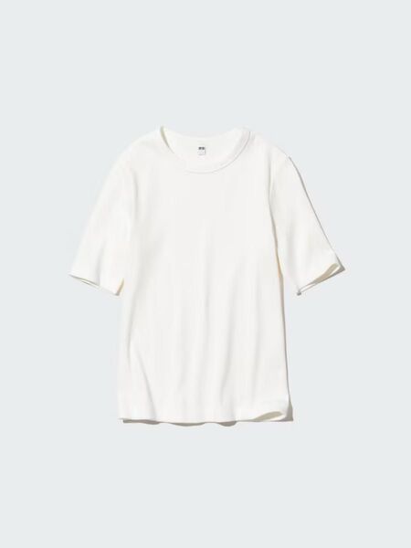UNIQLO ユニクロ リブクルーネックT 5分袖 ホワイト Sサイズ