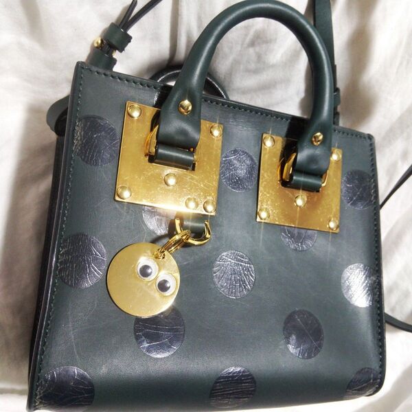 SOPHIE HULME モスグリーン ドット 水玉 チャーム付 ミニ レザー ボックス型ハード 2way ハンド兼ショルダー