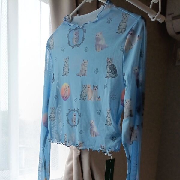SHEIN 猫柄 メッシュトップス 水色 レディース