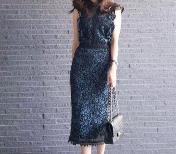 美品ZARA ザラ 花柄 ノースリーブ ミディ 丈 総レース ワンピース キャバドレ 2次会 結婚式 フォーマル 発表会