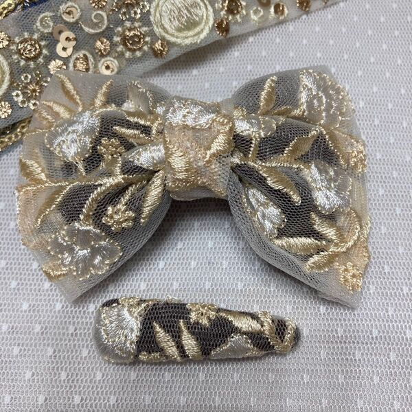 バレッタ パッチンピン ヘアアクセサリー インド刺繍リボン ハンドメイド