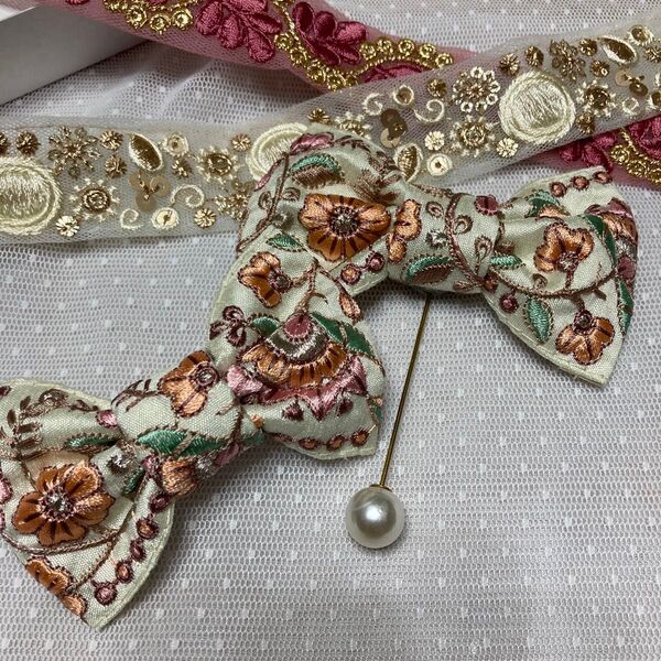 バレッタ ヘアバトン ヘアアクセサリー インド刺繍リボン ハンドメイド