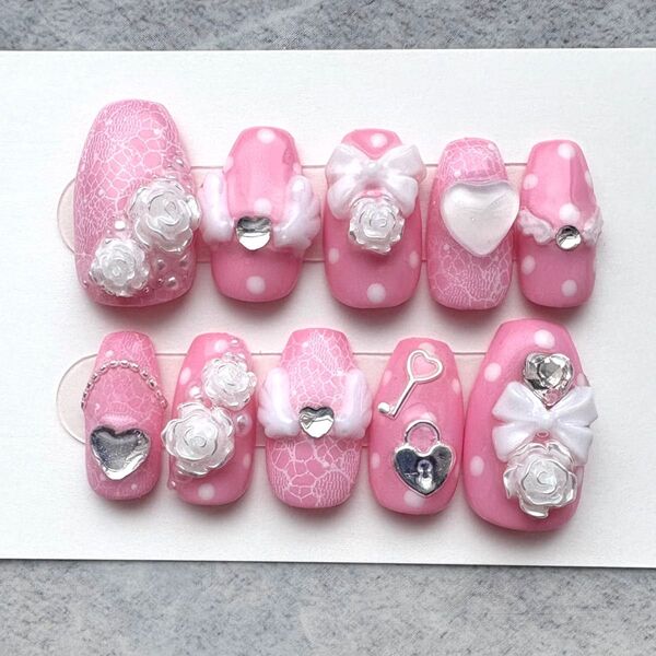 現品 ネイルチップ ピンク レース 薔薇 パール ハート ウィッシュコア エンジェルコア リボン ドット ワンポイント ニュアンス