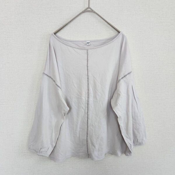 ユニクロ 七分袖 Tシャツ カットソー プルオーバー M レース ボートネック フェミニン レーヨン 切替 シャツ トップス