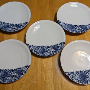 昭和レトロ お皿 5枚セット 白 藍色 花柄 直径約16cm