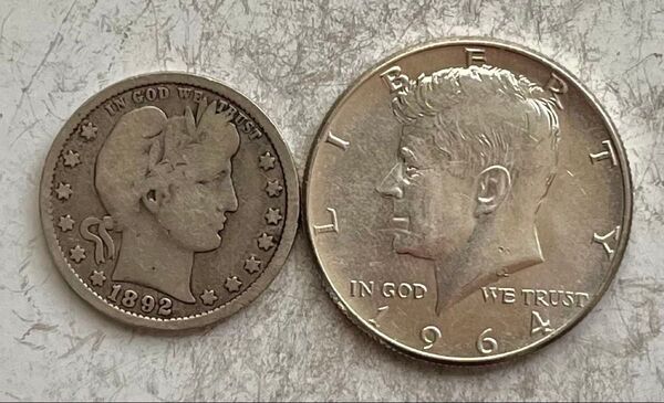 H173 1964年 ハーフダラー銀貨・1892年 クオーター銀貨 アメリカ