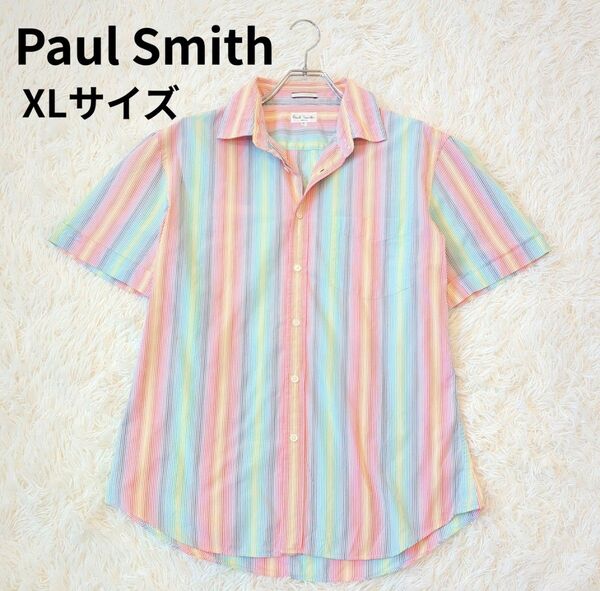 美品 Paul Smith ポールスミス マルチカラー半袖シャツXL 大きいサイズ ゆったり ストライプ