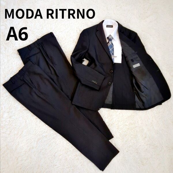 極美品 MODA RITRNO スーツ セットアップ 3点セット 2パンツ A6 ブラック ストライプ 洋服の青山 L