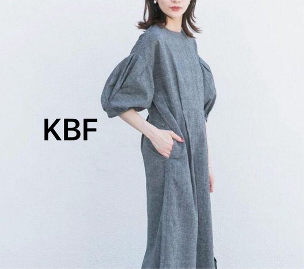 KBF クロスタックスリーブロングワンピース バルーンスリーブ グレーリネン麻