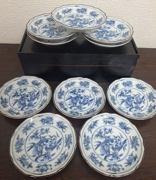 藍窯 小皿 和食器 プレート 藍染絵付 果実花鳥紋 10枚 箱付 新品 未使用 皿 小皿 プレート 食器 ブルー 皿