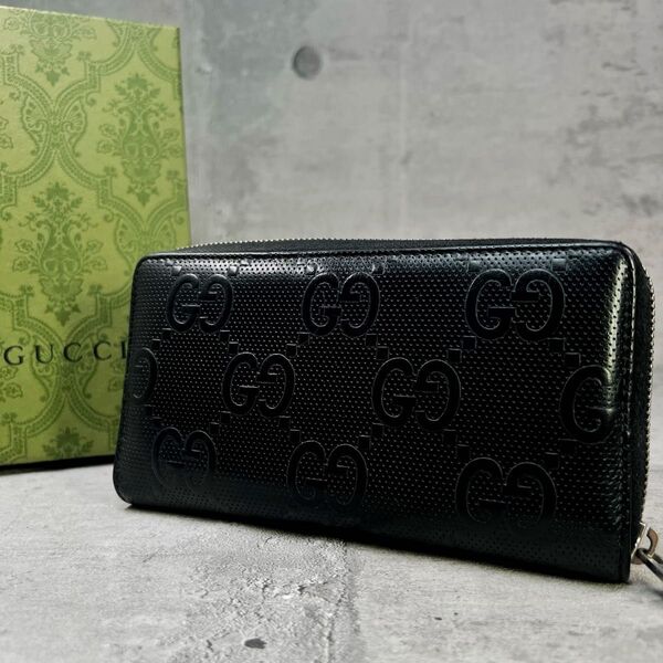 極美品 GUCCI グッチ 長財布 GGエンボス ラウンドファスナー パンチングレザー ビックロゴ メンズ レディ 黒 ブラック