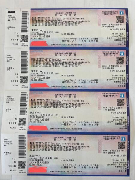 【巨人対西武】交流戦!2025/6/22(日)14:00試合開始 東京ドーム レフト巨人応援席 通路から連番4名 背面も通路
