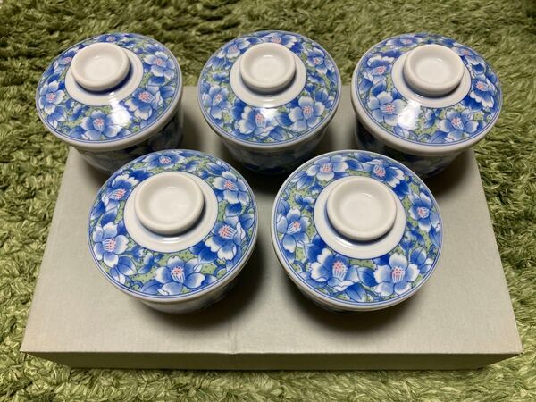 蓋付き湯呑み 茶碗蒸し 5客セット ふた付き湯呑み茶碗 花柄 煎茶碗 陶器 茶碗 和食器 蓋茶碗 食器