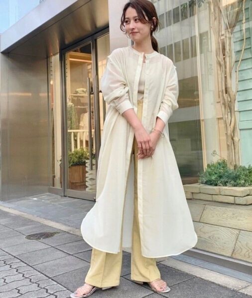 kastane 透けオーガンジー シャツ ワンピース ノーカラー ロングシャツ ロングワンピース 長袖ワンピース 透け感
