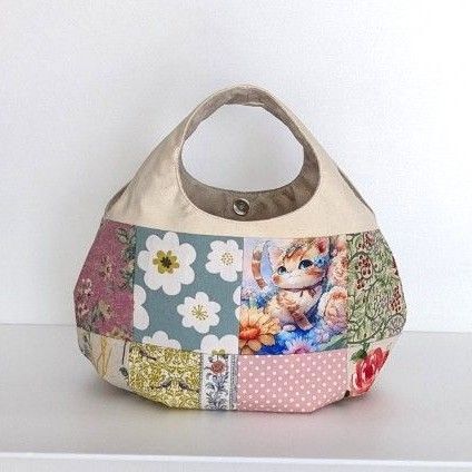 ネコ 猫 花柄 ボタニカル パッチワーク 丸底 ころりんバック ハンドメイド ピンク ふんわり
