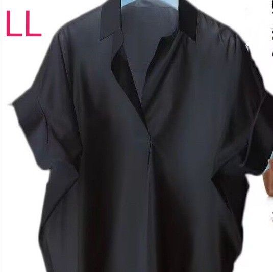 【ラスト1点】 半袖 シャツ LL XL ブラック 黒 Vネック トップス カジュアル ビジネス