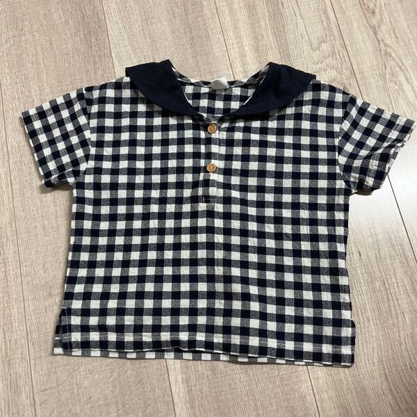 美品 バースデイ cottoli コトリ チェック柄 セーラー襟付きシャツ 95