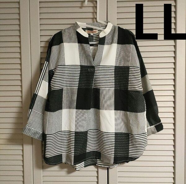ボックスチェック柄 長袖 スキッパーシャツ 黒 レディース LL XL