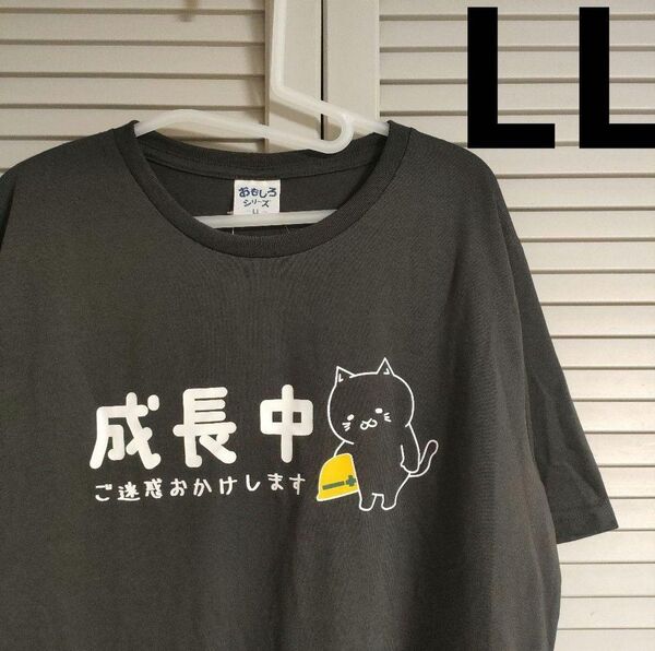 おもしろTシャツ 成長中 ご迷惑おかけします 猫 墨黒 メンズ LL XL