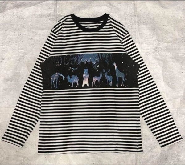 graniph グラニフ ボーダー 星空 アニマルシルエット カットソー ロングスリーブ ロンT 長袖Tシャツ Lサイズ