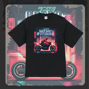 Tシャツ オリジナル プリント レトロ フューチャー バイク ネオンカラー サイバーパンク 半袖 ブラック 黒 ロゴ バイク