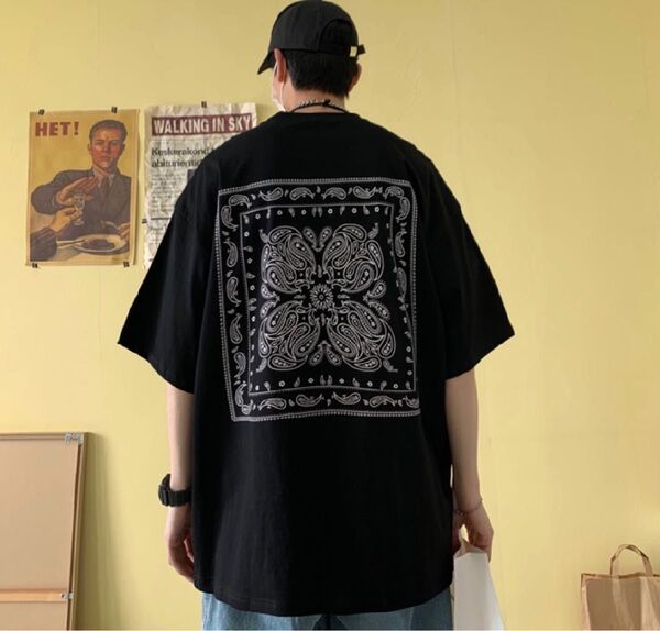 tシャツ ビッグシルエット ペイズリー 半袖 Tシャツ ストリート 韓国 メンズ 夏服 アメカジ トップス オーバーシルエット