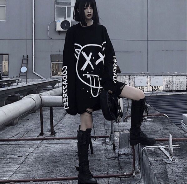 Tシャツ ロンT ビッグシルエット ロングスリーブTシャツ 長袖 トップス レディース パンク ブラック 黒 原宿