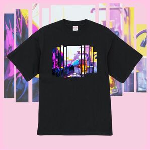 Tシャツ ハイクオリティー 現代 アート風 ネオンアート パネル デザイン Tシャツ ロゴ ブラック トレンド カジュアル