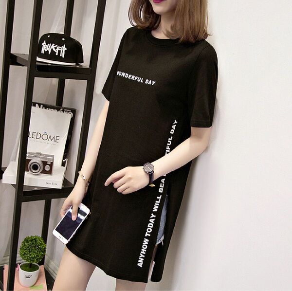 ワンピース ロゴ フェイクTシャツ ワンピース ブラック ゆったり トップス ロンT Tシャツ 黒 トレンド カジュアル