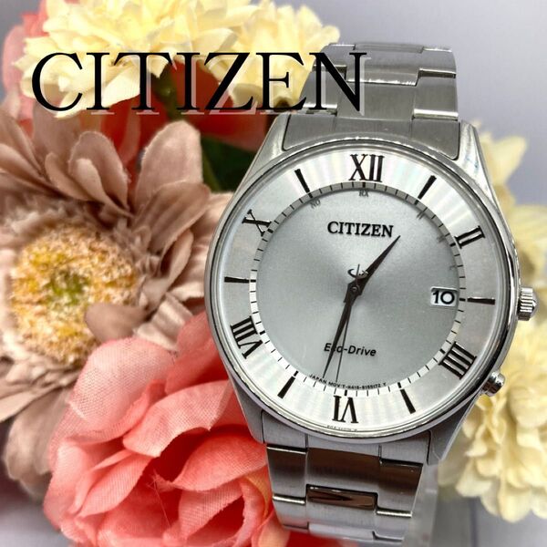 美品 CITIZEN シチズン エコドライブ ソーラー デイト 腕時計 メンズ シルバー 稼動