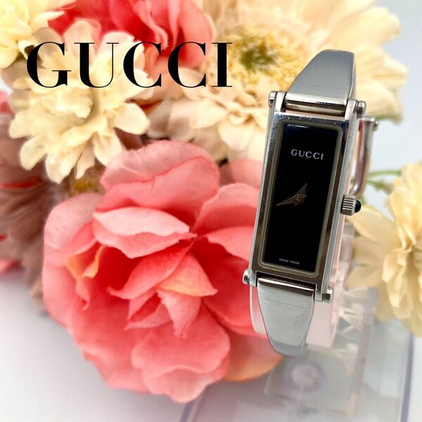 GUCCI グッチ 1500L 腕時計 スクエア クオーツ バングルウォッチ ブラック文字盤 シルバー レディース 新品電池 稼動
