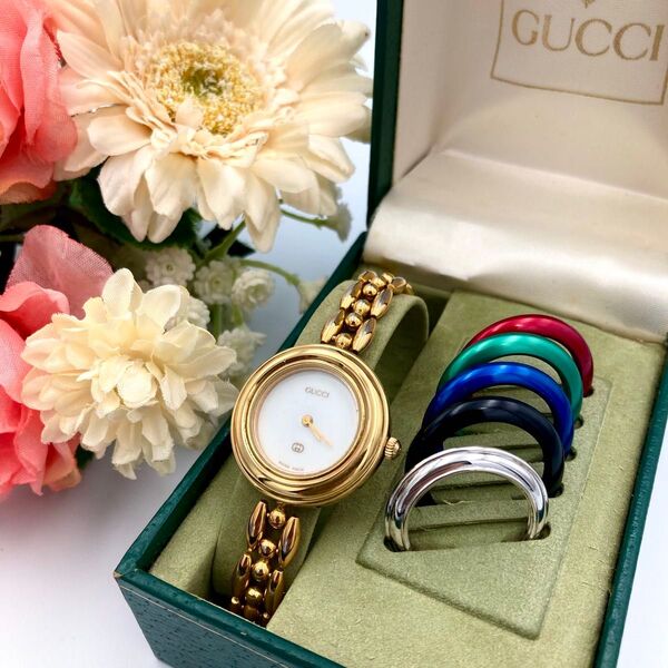 GUCCI グッチ チェンジベゼル 6色 腕時計 バングルウォッチ クォーツ ゴールド ヴィンテージ y2k 電池交換済 稼働